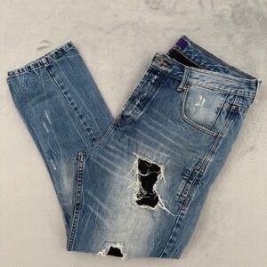 Jack & Jones Distressed Ripped Blue Jeans Mens Light Wash Zipper Detail 36x28